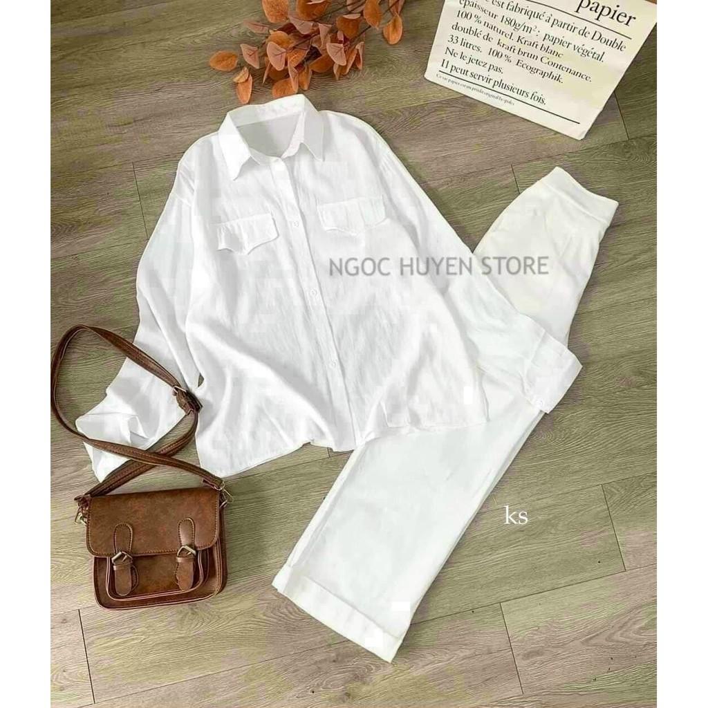 Set đồ jumsuit nữ, bộ quần suông ống rộng kèm áo sơ mi