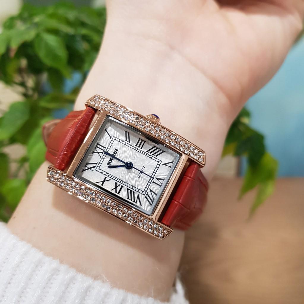 Đồng hồ nữ SKMEI dây da đỏ mặt vuông đính đá chính hãng Tony Watch 68