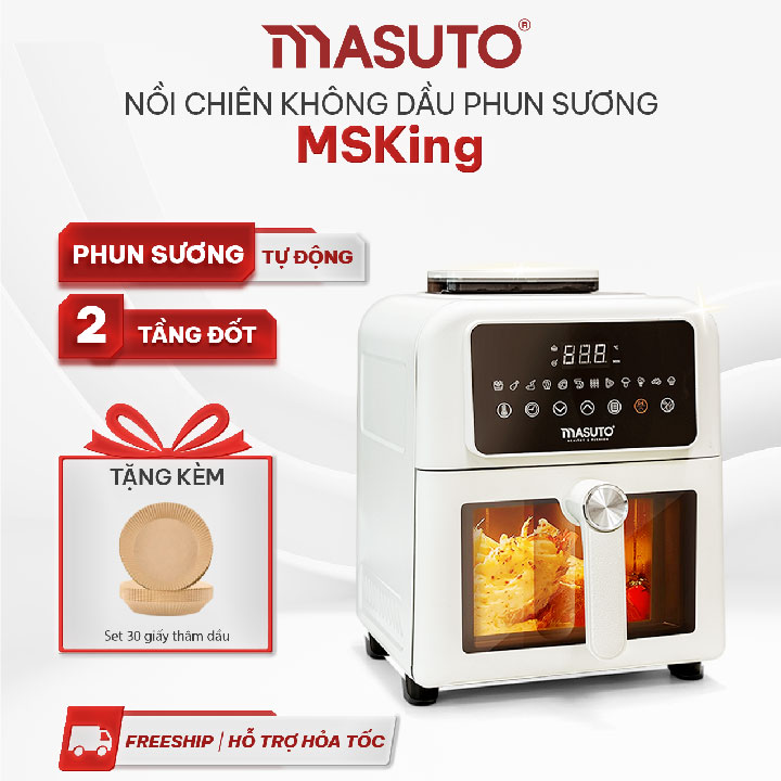 Nồi chiên không dầu phun sương Masuto MSKing 6L - 2 tầng đốt không cần trở lật - Hàng chính hãng