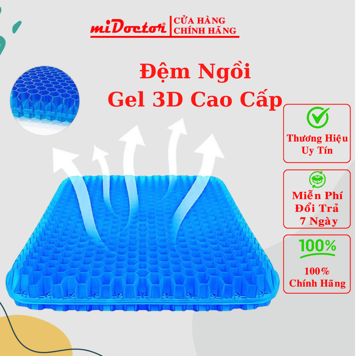 Đệm ngồi Gel 3D tổ ong thoáng khí, Đệm ngồi cao cấp chất liệu Silicon mát lạnh siêu êm - Hàng chính hãng miDoctor