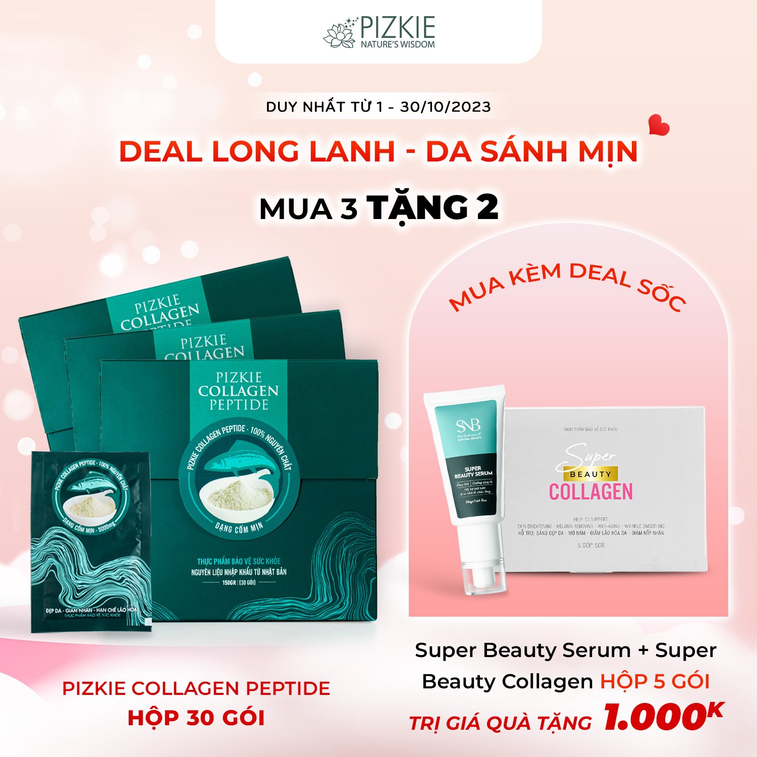 ComBo 2 Tháng Làm Sáng Da, Chống Nắng, Trẻ Hóa Da Super Beauty Collagen + Pizkie Collagen Peptide