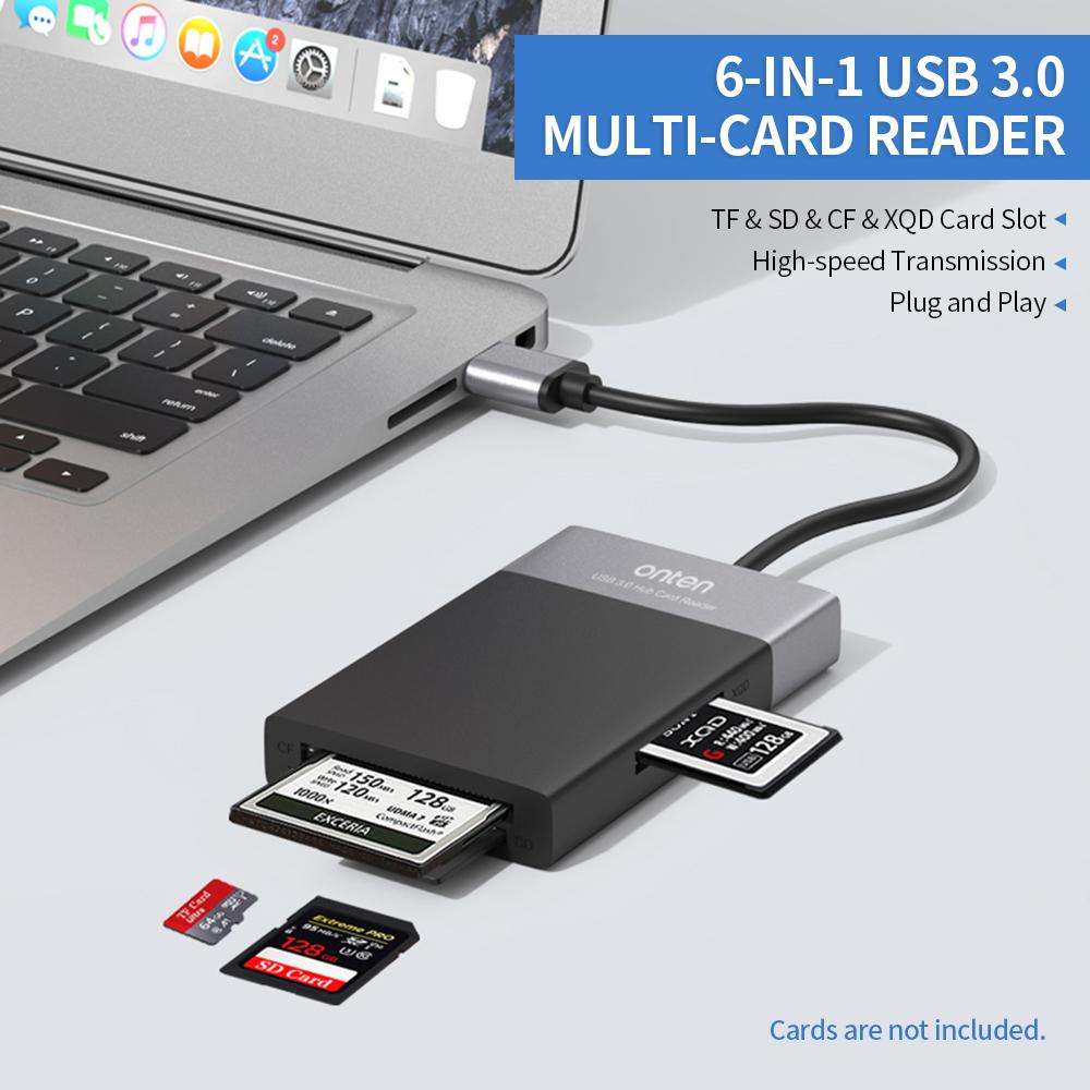 Đầu đọc đa thẻ 6 trong 1 USB 3.0 Bộ chuyển đổi USB sang USB Cắm N Play / Khe cắm thẻ TF / SD / CF / SQD / 2 * USB 3.0 Tốc độ cao
