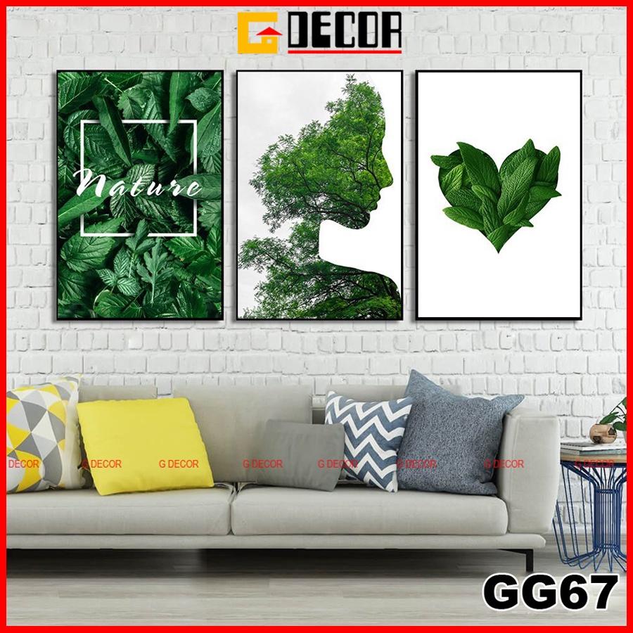 Tranh treo tường canvas 3 bức phong cách hiện đại Bắc Âu 67, tranh lá cây trang trí phòng khách, phòng ngủ, phòng ăn,spa