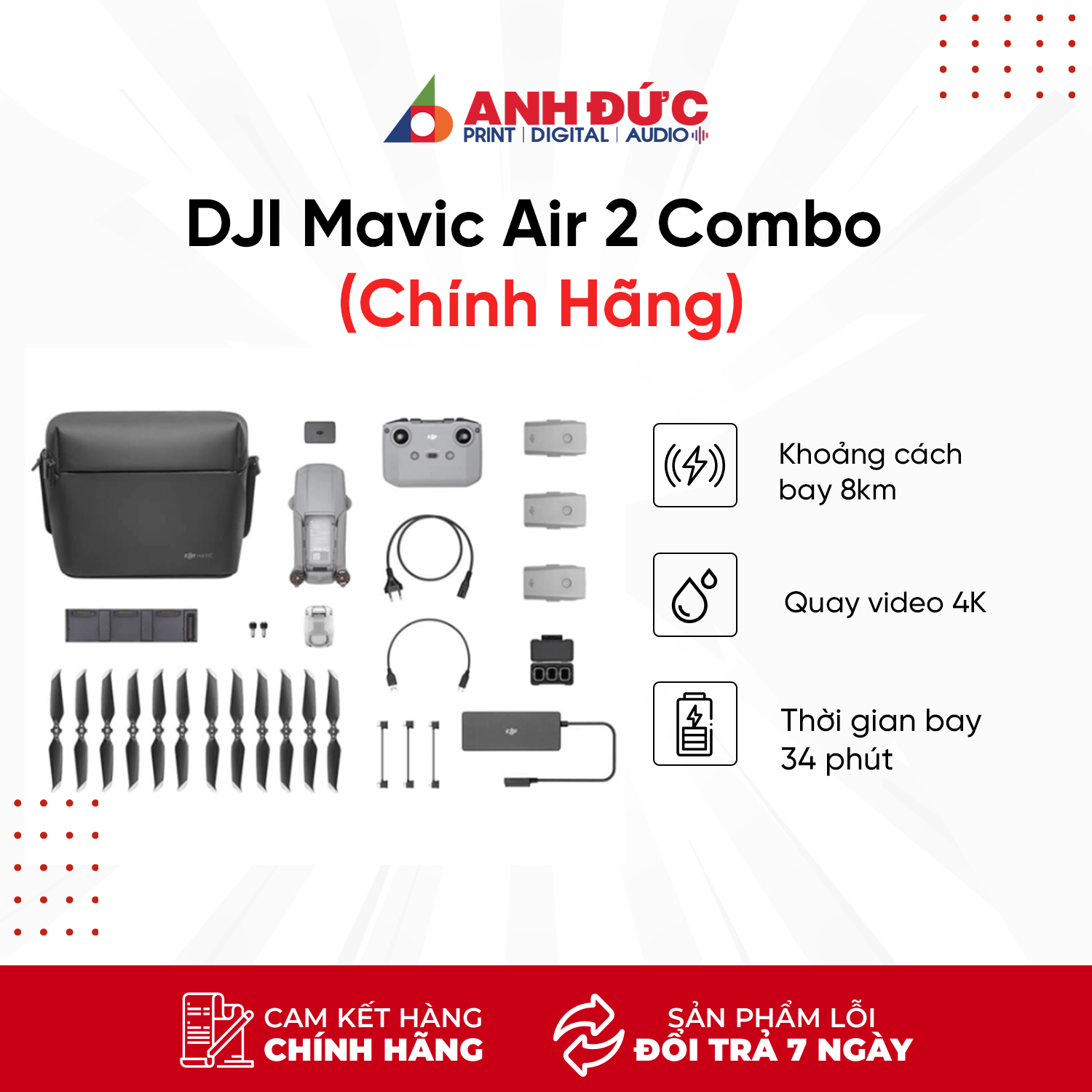 Combo Flycam DJI Mavic Air 2 - Quay video 4K - Thời gian bay 34 phút - Hàng chính hãng