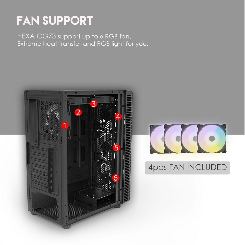 Vỏ Case Máy Tính Mặt Bên Kính Cường Lực FANTECH CG73 HEXA Tặng Kèm 4 Quạt LED RGB - Hàng chính hãng