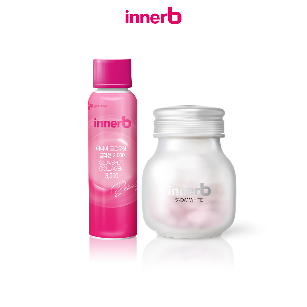 Combo hộp 6 chai nước uống Collagen Vitamin C sáng da InnerB Glowshot & thực phẩm bảo vệ sức khỏe InnerB Snow White