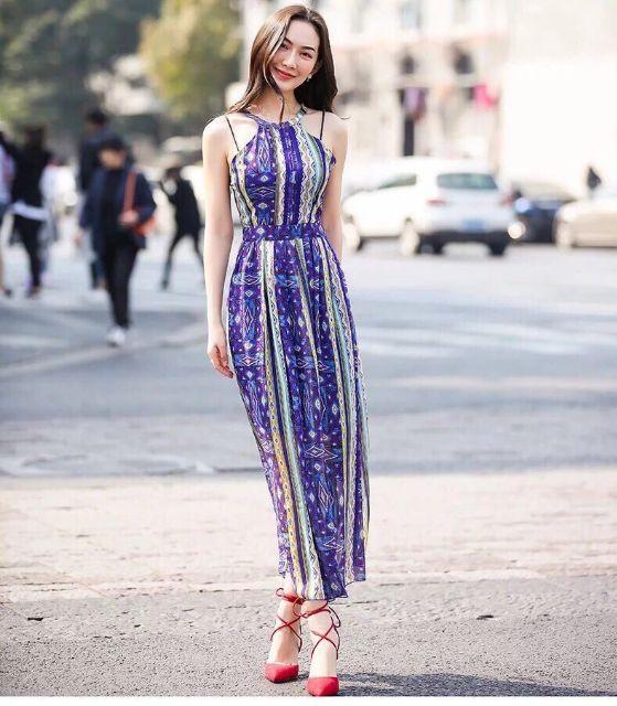 Đầm maxi họa tiết vân sọc cao cấp