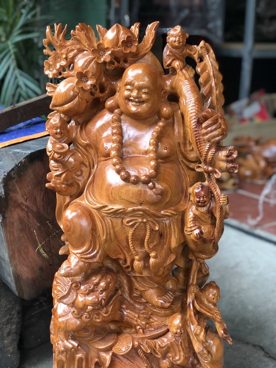 Tượng phật di lặc ngũ phúc bằng gỗ hương đá kt cao 80×35×18cm