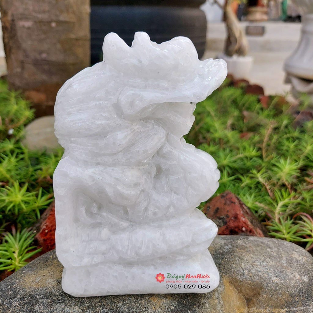 Tượng rồng 12 con giáp phong thủy đá trắng 12cm đá Non Nước