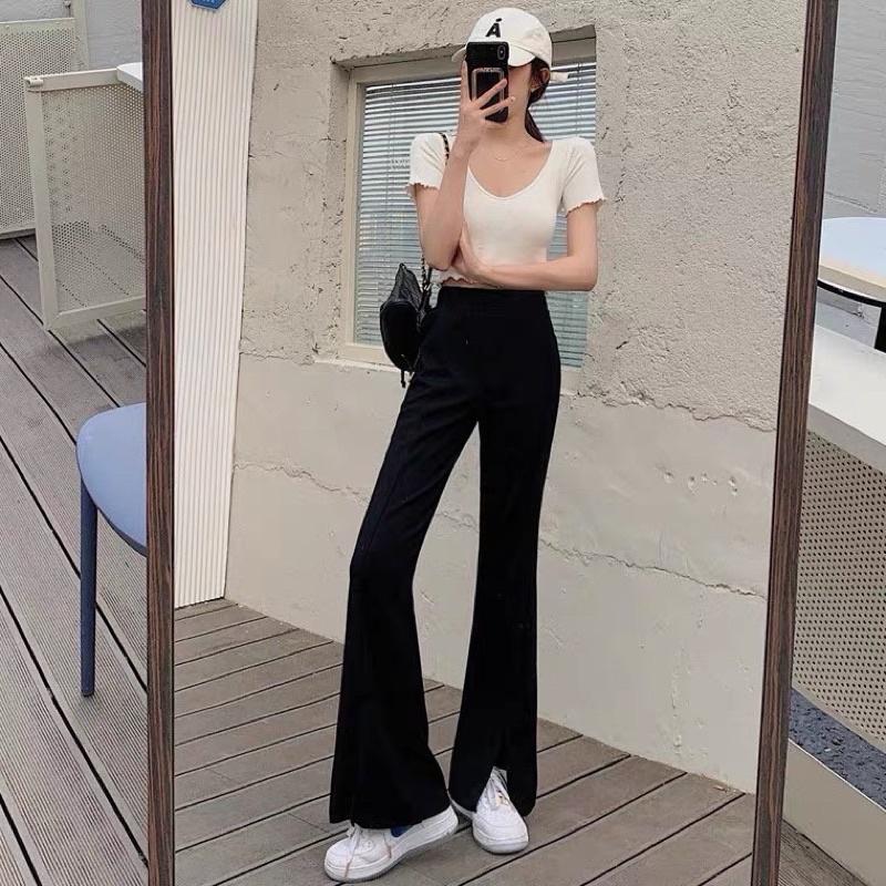 Quần loe xẻ Comfy Pants chất chuẩn Hàn co giãn kèm dây buột eo tôn dáng hack chiều cao công sở đi học đi làm ngahuyen