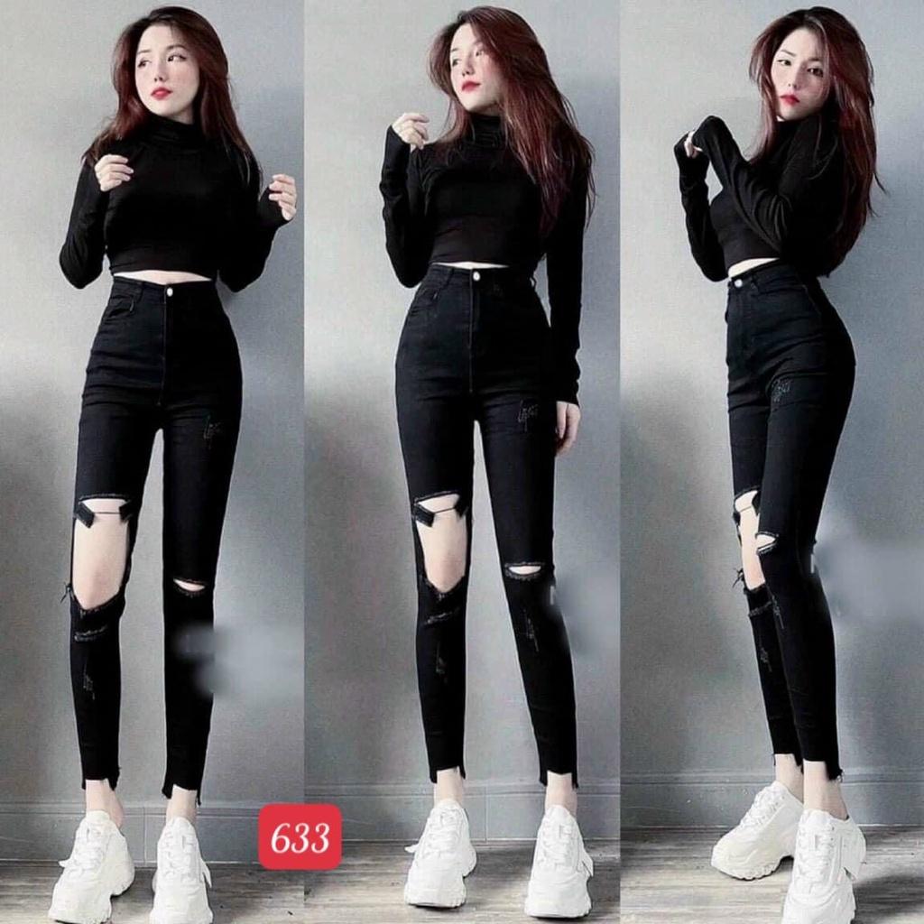 Quần jean nữ đen rách hack dáng cao cấp -chất denim co dãn tốt - quần chuẫn shop BEN Shop080 ms 633