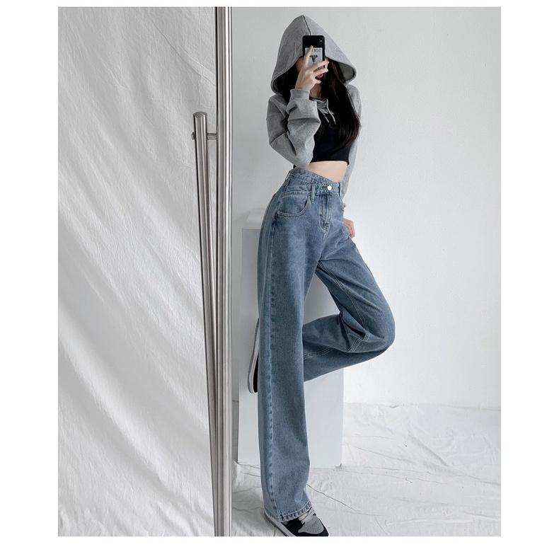 Quần Jeans Nữ Cạp Lệch Ống Rộng Quần Bò Trơn Nữ Cạp Cao 2 Màu Full Size