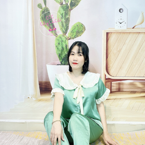 Bộ đồ ngủ pyjama cộc tay quần dài cố phối nơ, bộ pijama chất liệu phi lụa thấm hút mồ hôi CCC24