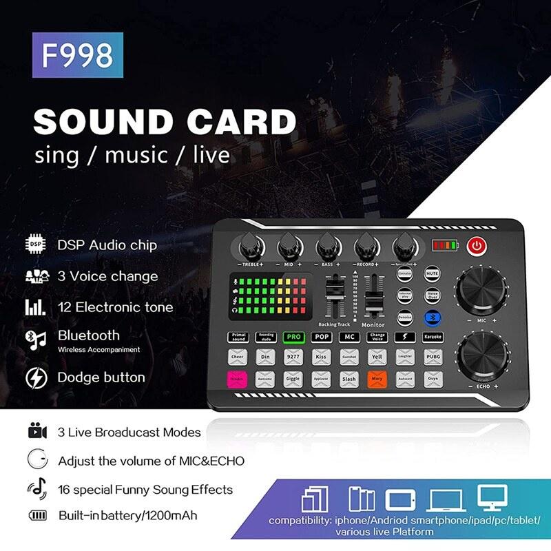 Sound Card F998 Đời Mới, Bộ chỉnh âm thanh F998 có đèn led, chế độ giả giọng, vỗ tay tiếng cười