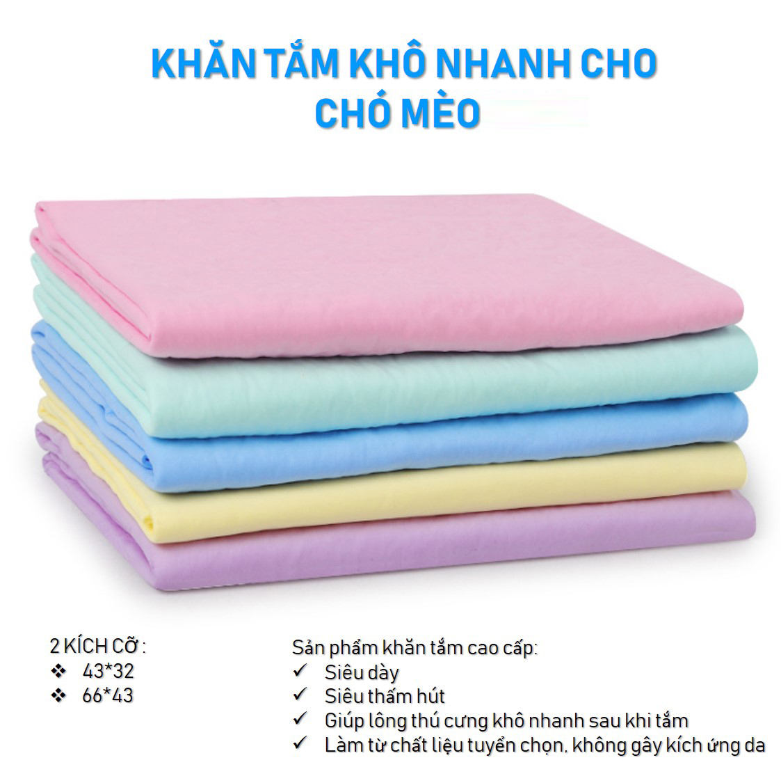 Khăn tắm khô nhanh cho chó mèo (2 size - màu ngẫu nhiên) Khăn tắm siêu thấm nước cho thú cưng