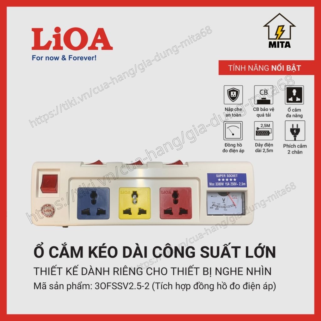 Ổ cắm điện công suất lớn LiOA có đồng hồ Vol - 3 lỗ, 4 lỗ, 5 lỗ, 6 lỗ dây dài 2.5m 2 lõi