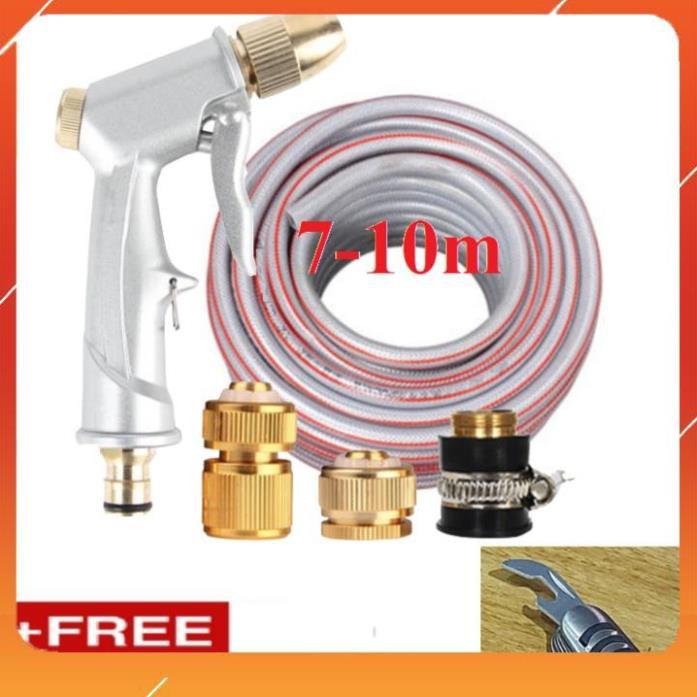 Bộ dây vòi xịt nước rửa xe, tưới cây . tăng áp 3 lần, loại 7m,10m 206701 đầu đồng,cút đồng,+tặng mở chai