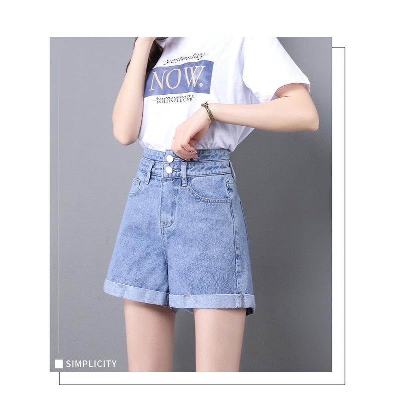 Quần Short Jean Cạp Cao Gấp Gấu Ống Suông Cá Tính