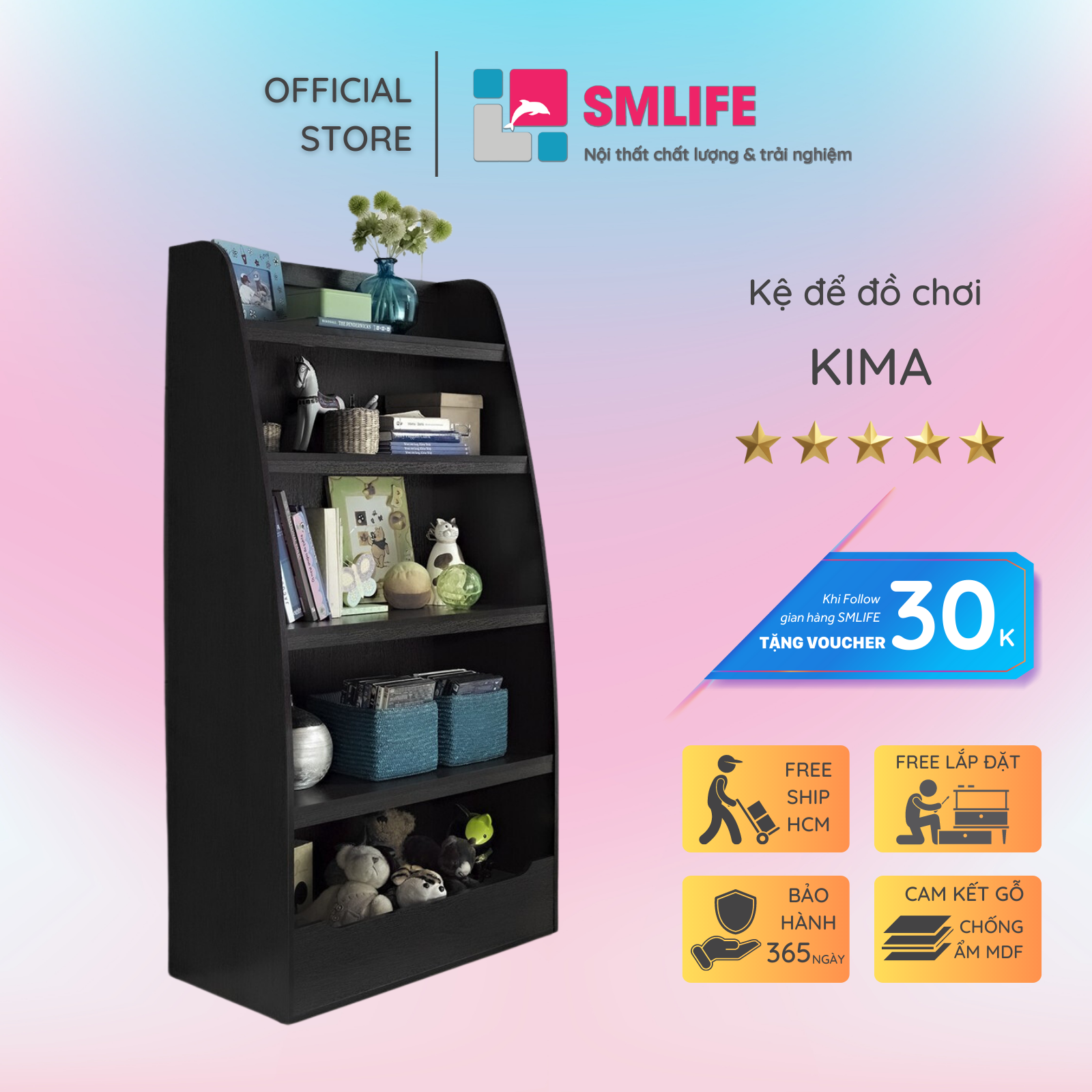 Kệ để đồ chơi cho bé SMLIFE Kima  | Gỗ MDF dày 17mm chống ẩm | D80xR40xC152cm