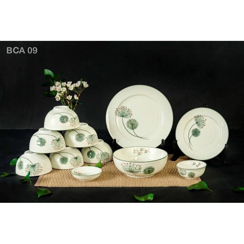 Bộ bát đĩa men kem, họa tiết hoa Bồ công anh vẽ thủ công