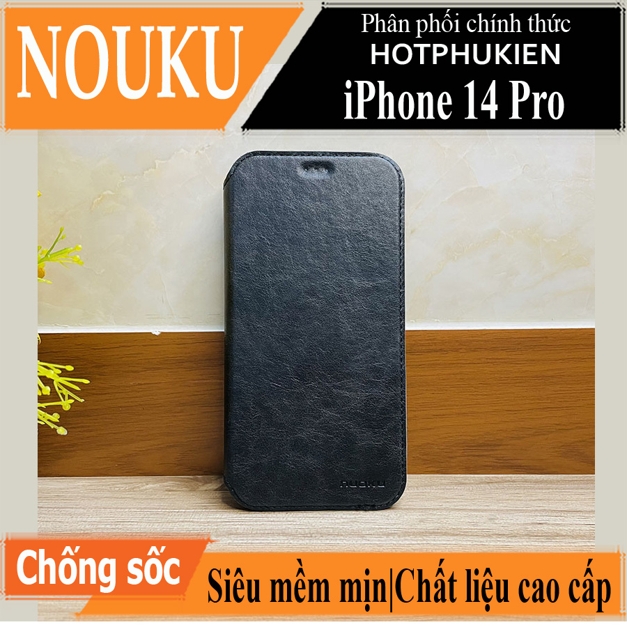 Case bao da chống sốc cho iPhone 14 Pro (6.1 inch) hiệu Nuoku Elegant and Royal chất liệu da PU cao cấp, có ngăn đựng thẻ, nắp gập kiêm giá đỡ điện thoại
