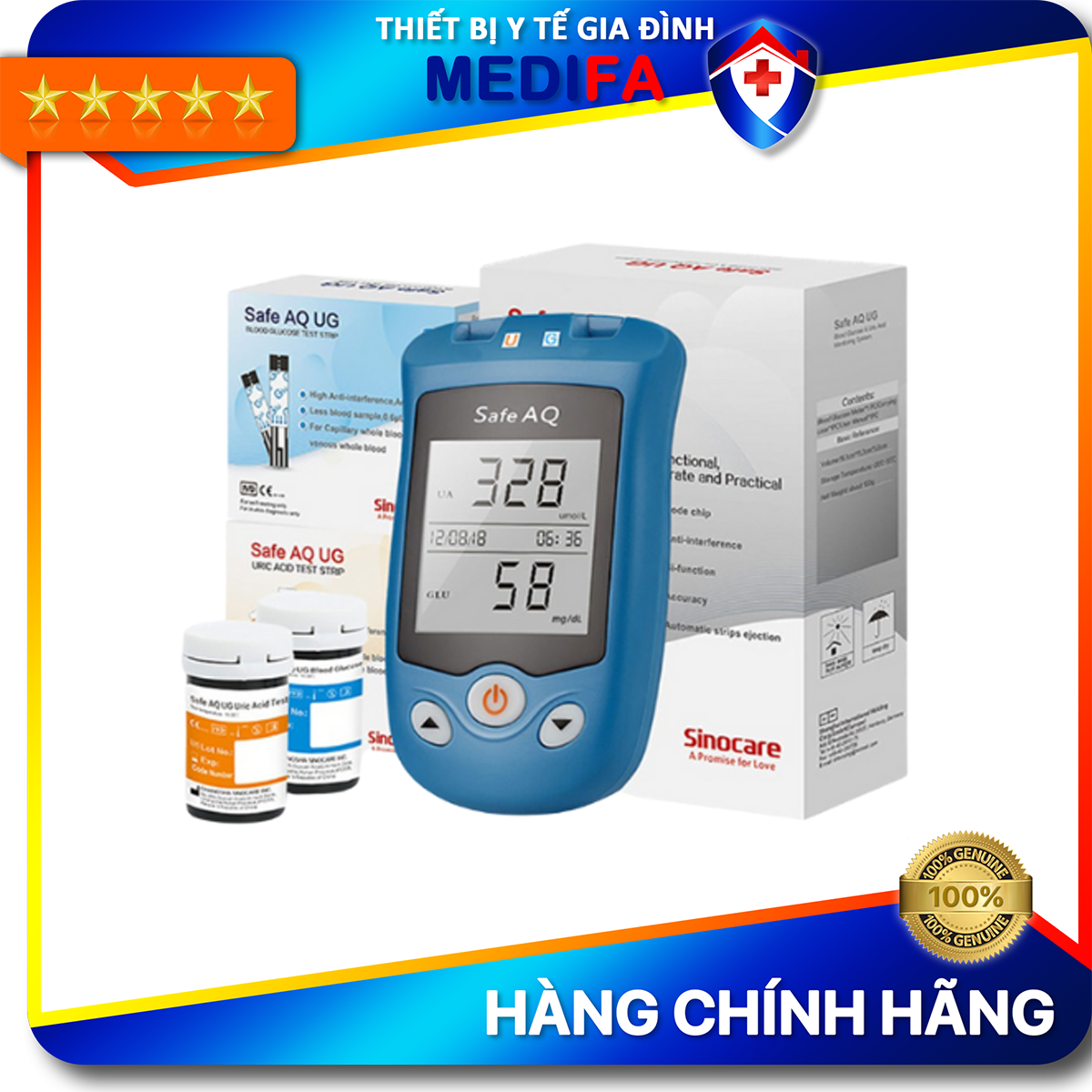 Máy Đo Đường Huyết Và Axit Uric Sinocare Safe Aq Ug 2 Trong 1 Kèm 50 Que Đường, 50 Que Gout Và 100 Kim