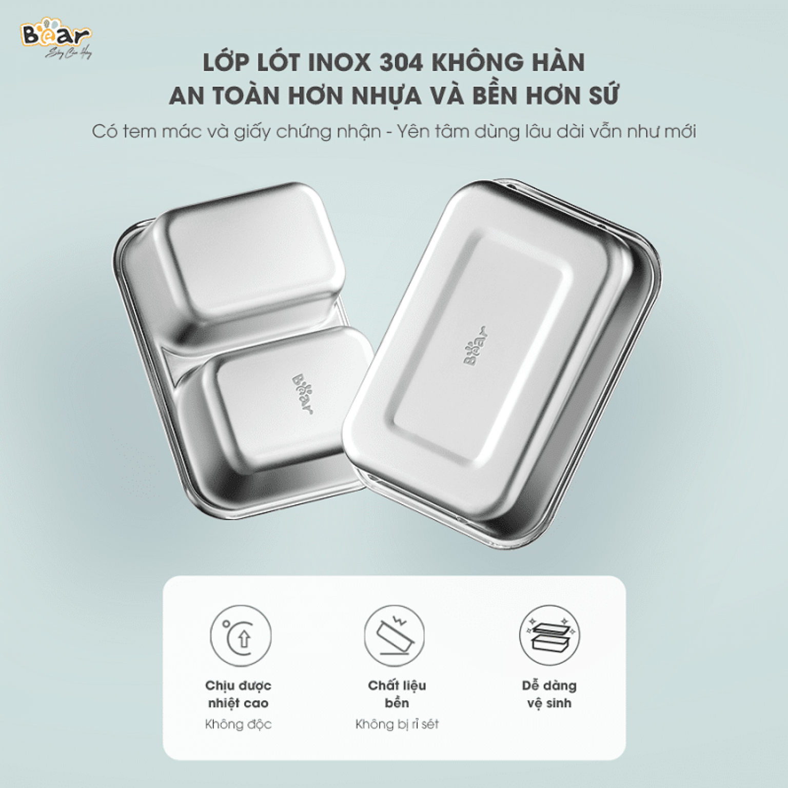 Hộp Cơm Điện Và Nấu Chín BEAR SB-HC12L Inox 304 An Toàn Dung Tích 1.2 Lít - Hàng Chính Hãng