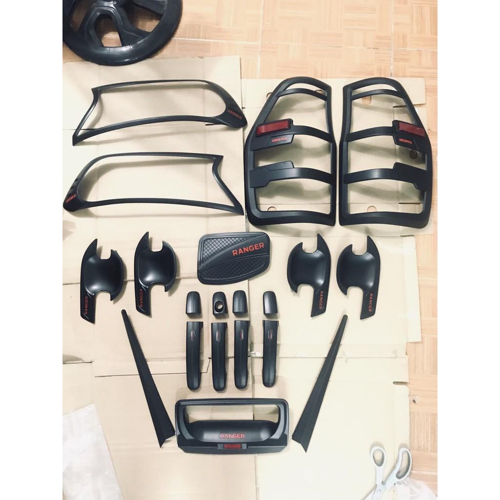 Bộ ốp đèn Pha + hậu +tay + hõm+ Hõm cốp + nắp xăng Nhựa đen dành cho Ford Ranger 2015 đến 2020
