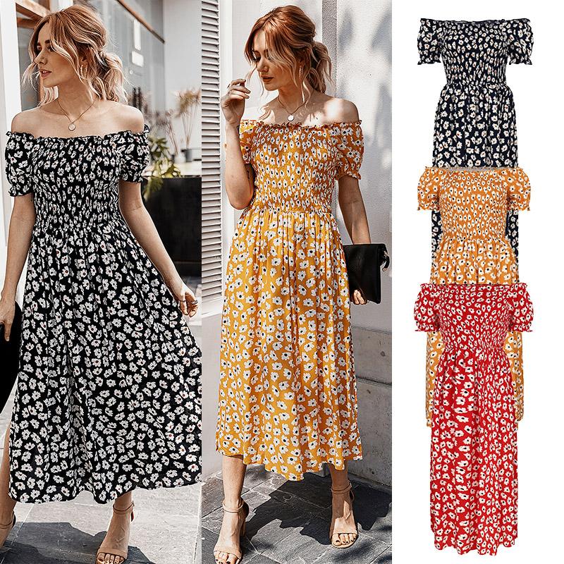 Fashion Women Summer Floral Print Dress Off Shoulder Short Sleeve Ruched Split Hem Bohemian Holiday Dress