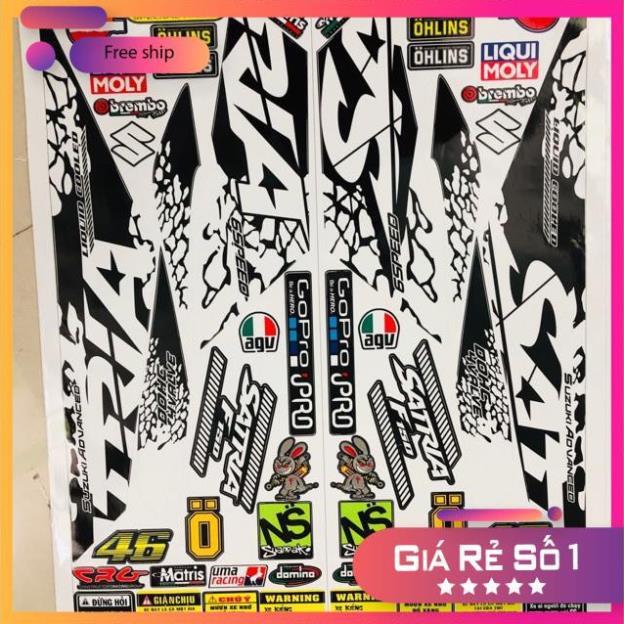 Trọn bộ tem rời Satria Fi trắng đen 3 lớp ko bay màu bảo hành màu sắc vĩnh viễn