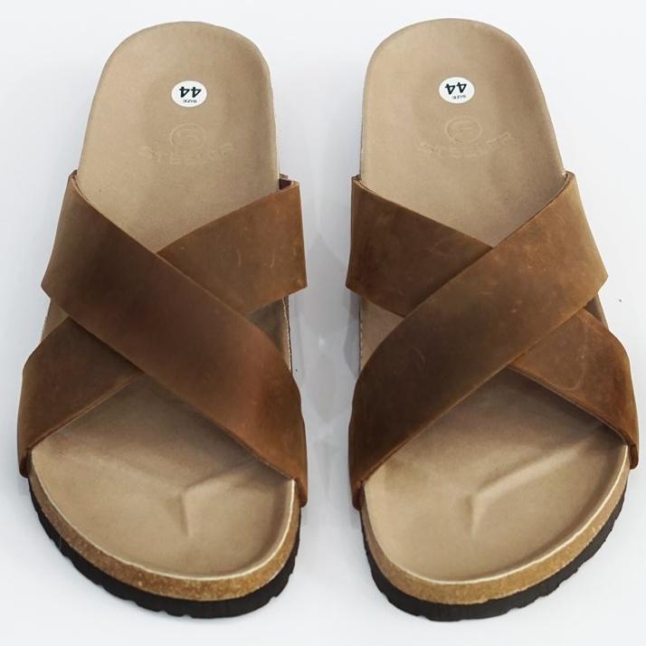 Dép đế trấu nam màu nâu da thật BIRKEN STOCK quai chéo, dép da nam chống thấm mồ hôi chịu nước GIÀY NAM TONKIN
