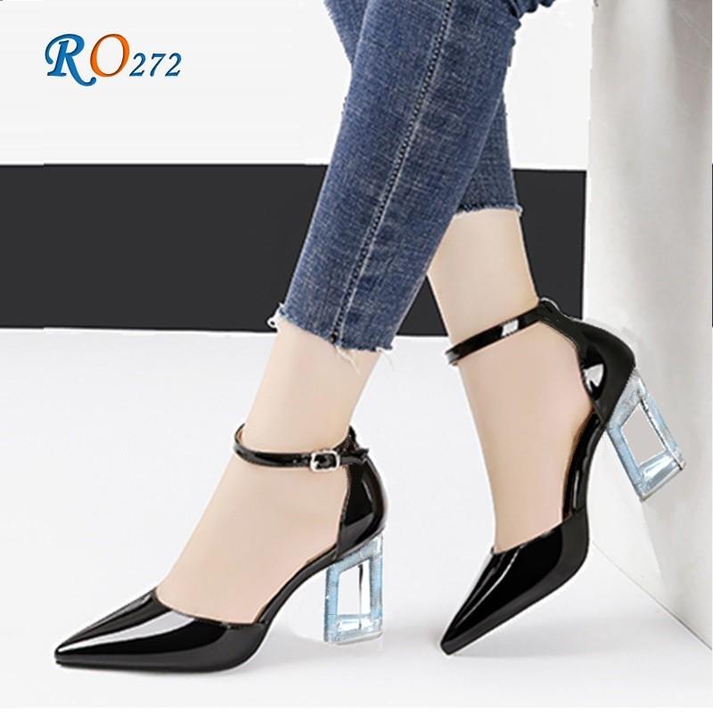 Sandal cao gót nữ bít mũi, da bóng, đế mica cao cấp ROSATA RO272 7p gót khoét - HÀNG VIỆT NAM - BKSTORE