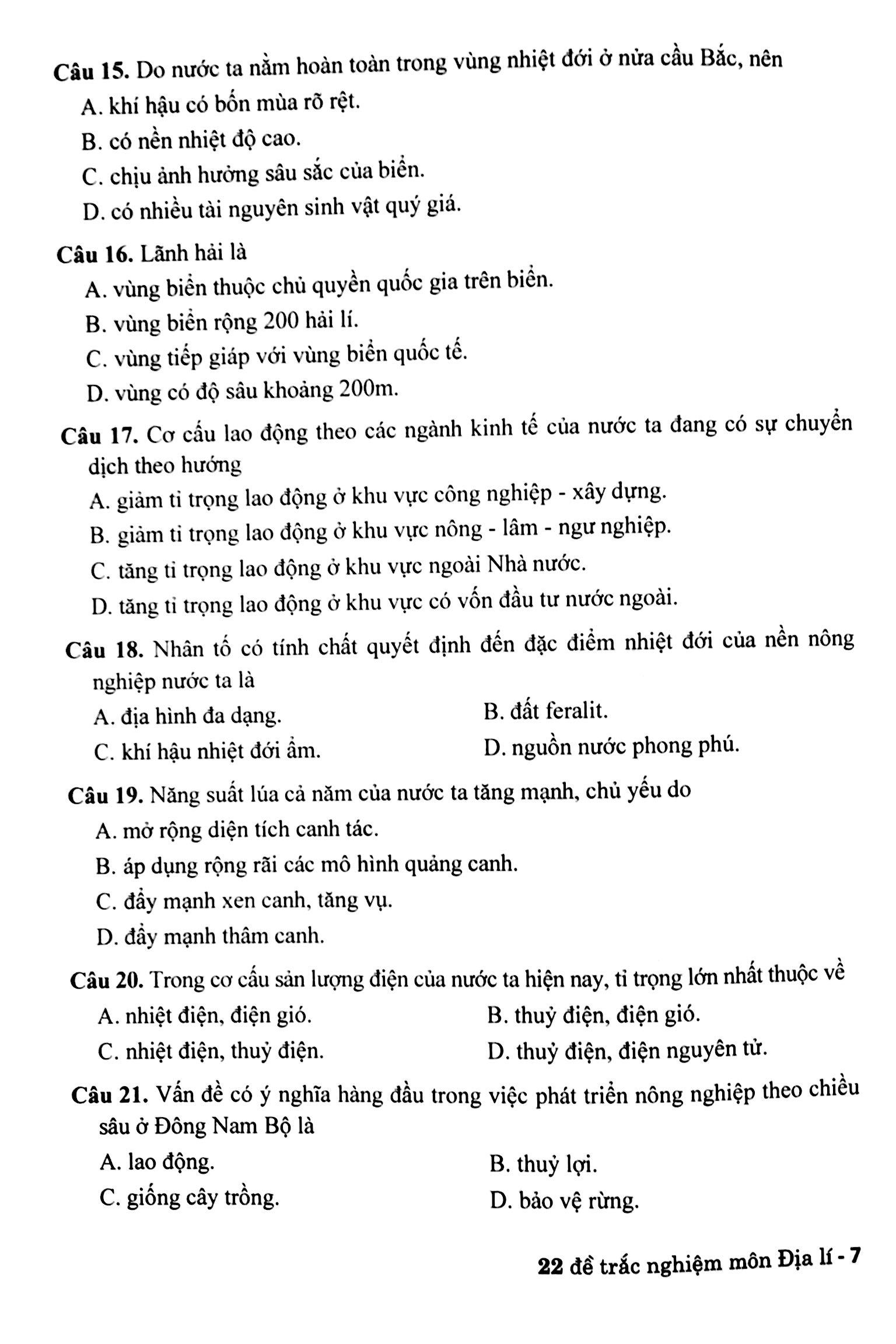 22 Đề Thi Trắc Nghiệm Môn Địa Lí - Luyện Thi Thpt Quốc Gia