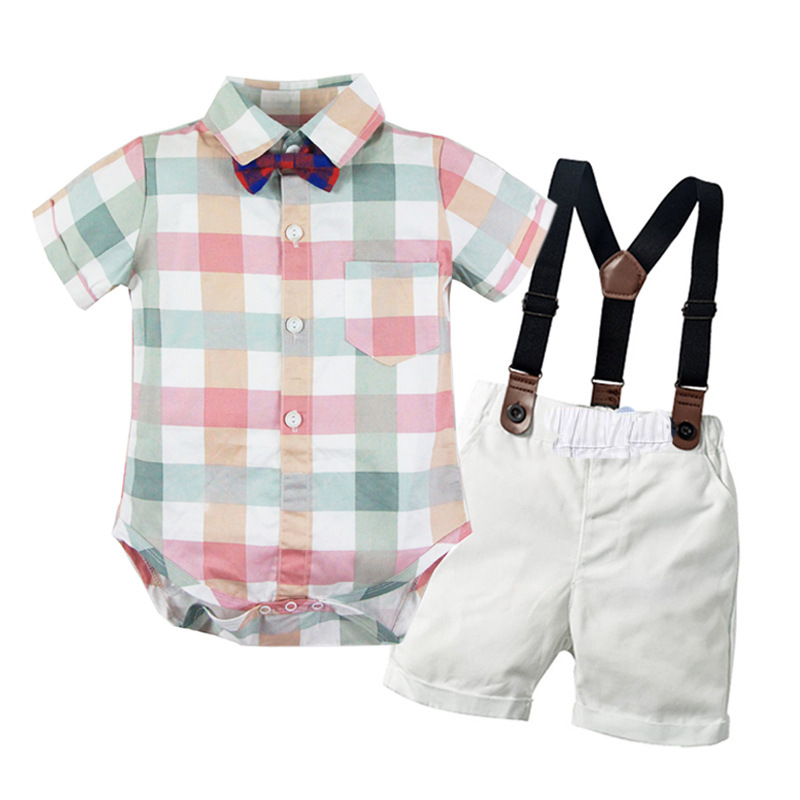 Bộ quần áo sơ sinh bé trai cao cấp, phong cách công tử, sơ mi cộc tay &amp; quần dây đeo, áo cotton mịn mát, quần vải thô dày dặn | MB11