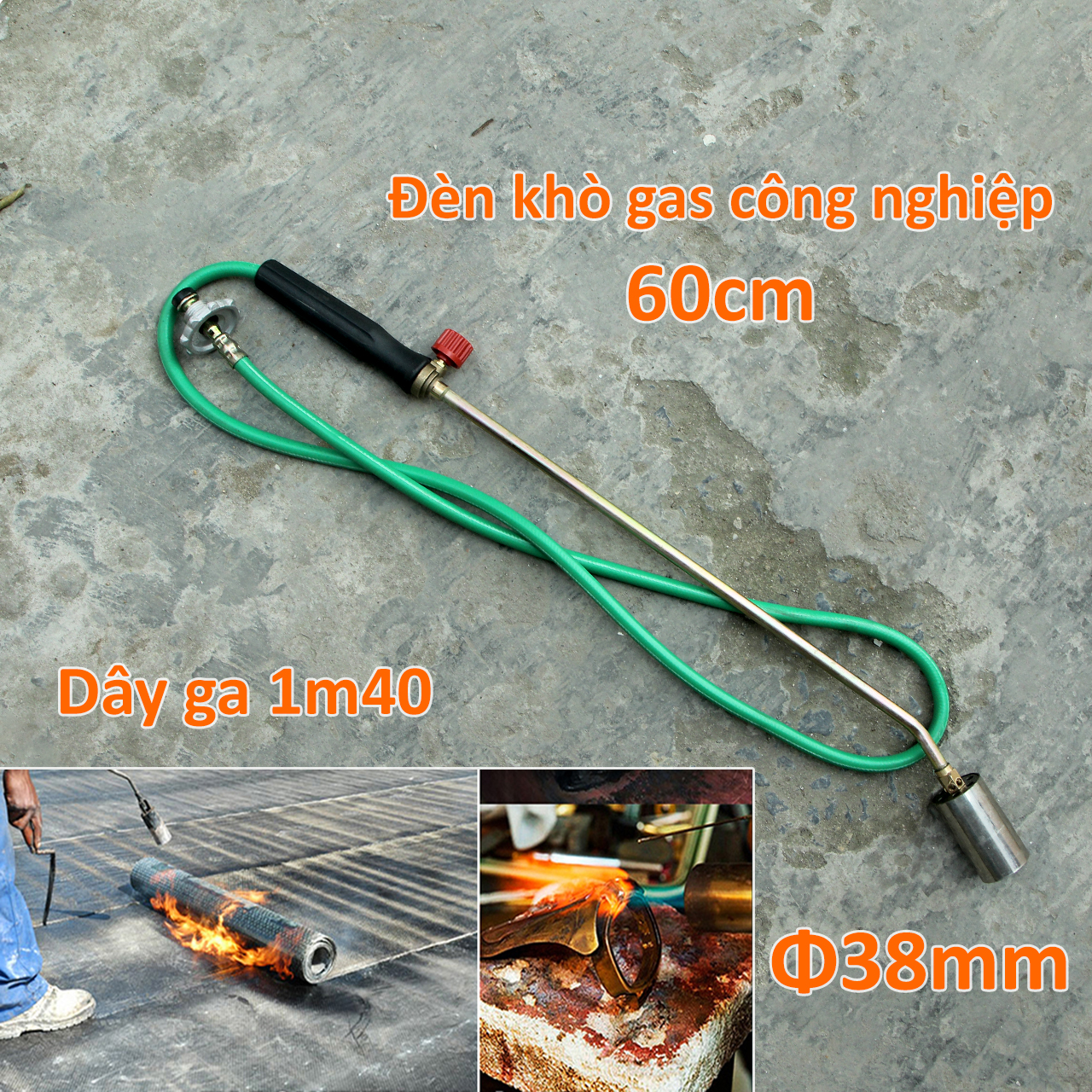 Đèn khò ga công nghiệp cán dài 60cm ống lửa Φ38mm dây gas 1m4