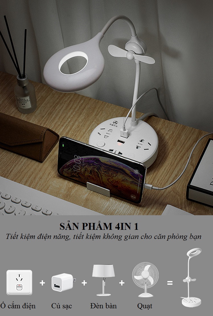 Ổ cắm trống sét đa năng ĐT-20 Tích hợp 3 ổ cắm điện + 2 cổng USB; có khay để điện thoại, máy tính bảng