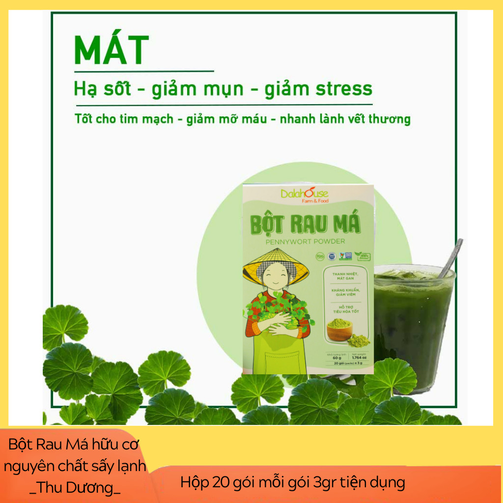 Bột Rau Má hữu cơ nguyên chất sấy lạnh Dalahouse - Hộp 20 gói nhỏ 3gr định lượng sẵn cho 1 lần sử dụng - Giải độc, mát gan, thanh nhiệt cơ thể, giảm mụn, đẹp da. Kháng khuẩn, giảm viêm, hỗ trợ tiêu hóa