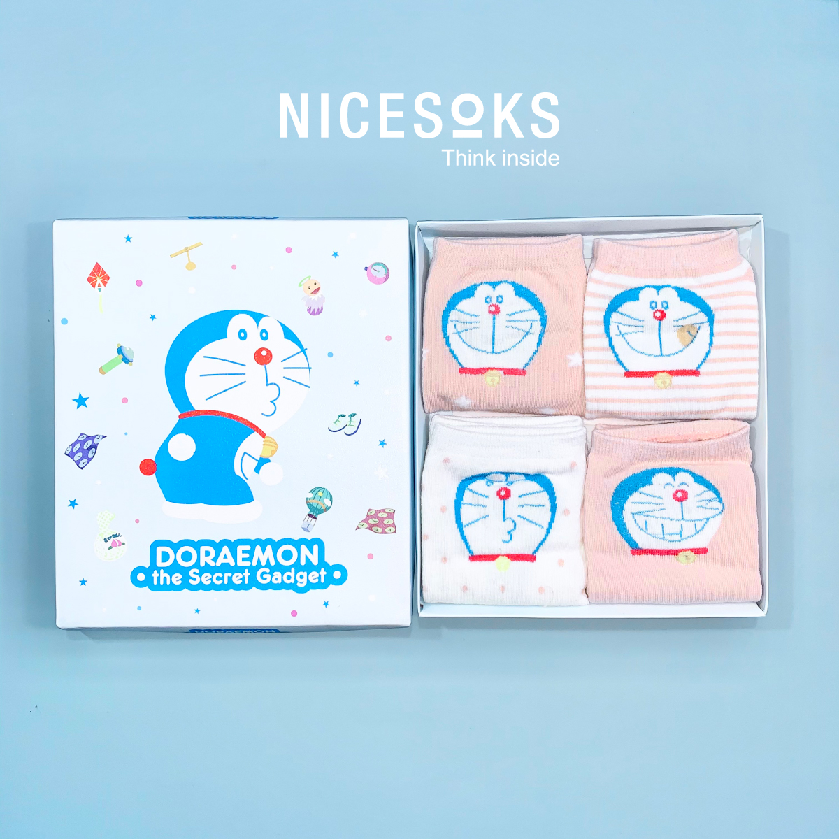 Set hộp 4 đôi tất nữ NICESOKS chất liệu cotton cao cấp, ngắn cổ thể thao, họa tiết Doraemon , hàng chính hãng NS5005FS