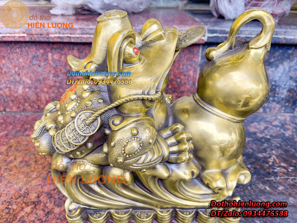 Tượng Cóc Ngậm Tiền Cưỡi Mây Ôm Hồ Lô Bằng Đồng Nguyên Chất Kích Thước 27x17x24cm, Nặng 4kg - Đồ Thờ Hiên Lượng