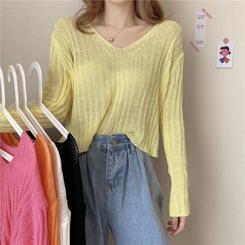MS229 Áo len dệt kim mỏng dài tay cổ tim