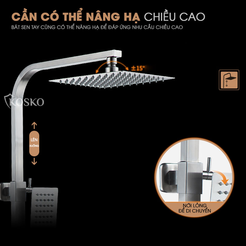 Sen cây tắm đứng nóng lạnh inox 304 KOSKO (BH 24 THÁNG), sen tắm nóng lạnh vuông