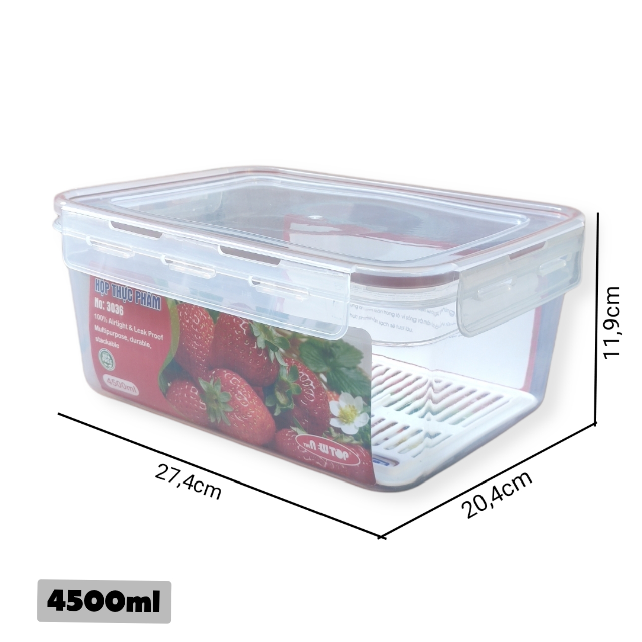 Hộp thực phẩm chữ nhật 4 khóa hàn quốc cao cấp nắp kín có khay chống ẩm, 4500ml