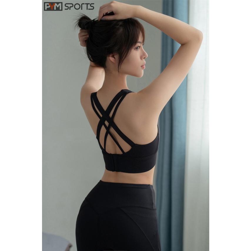 Áo bra, áo tập gym yoga PYMSPORT - PYMBR007 cài khuy sau, dây chéo sau lưng, nâng ngực, 3 màu hồng, xanh than, đen