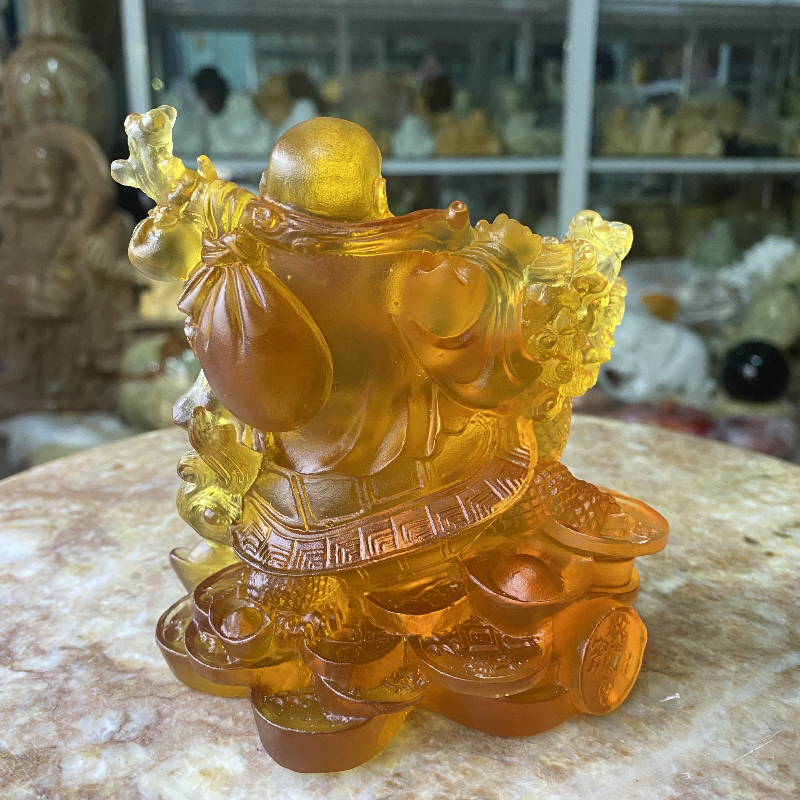 Tượng Cụ Di Lặc Cưỡi Long Quy Lưu Ly - cao 11.5cm, ngang 11.5cm