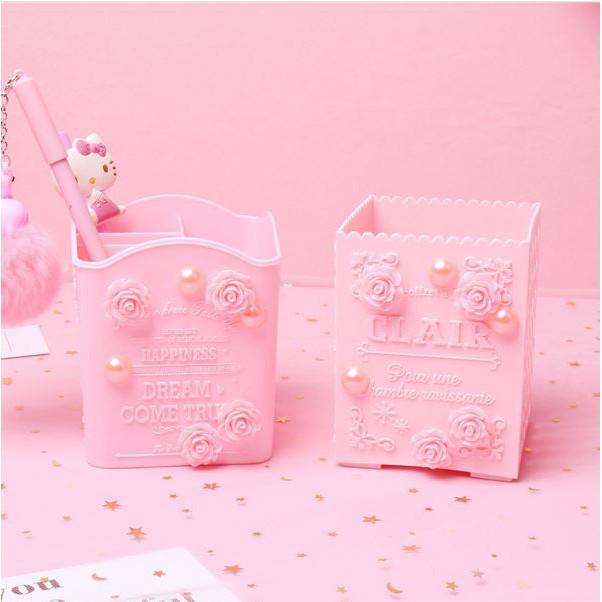 Đồ đựng bút viết hồng PINK234 Pink Xinh Decor khay giỏ đựng viết để bàn xinh xắn gắn hạt ngọc trai