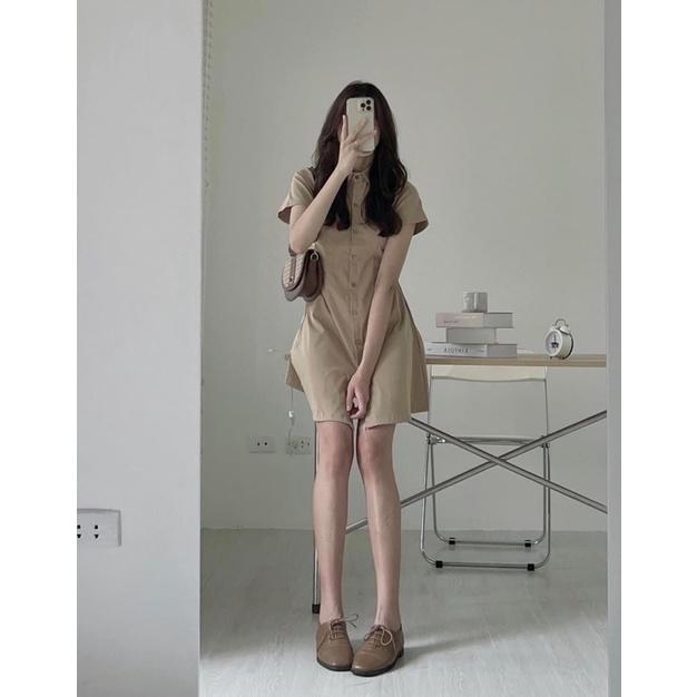 Đầm sơ mi cổ đức tông màu tây lạ mắt Váy dáng suônh Thiết kế một hàng cúc cực xinh
