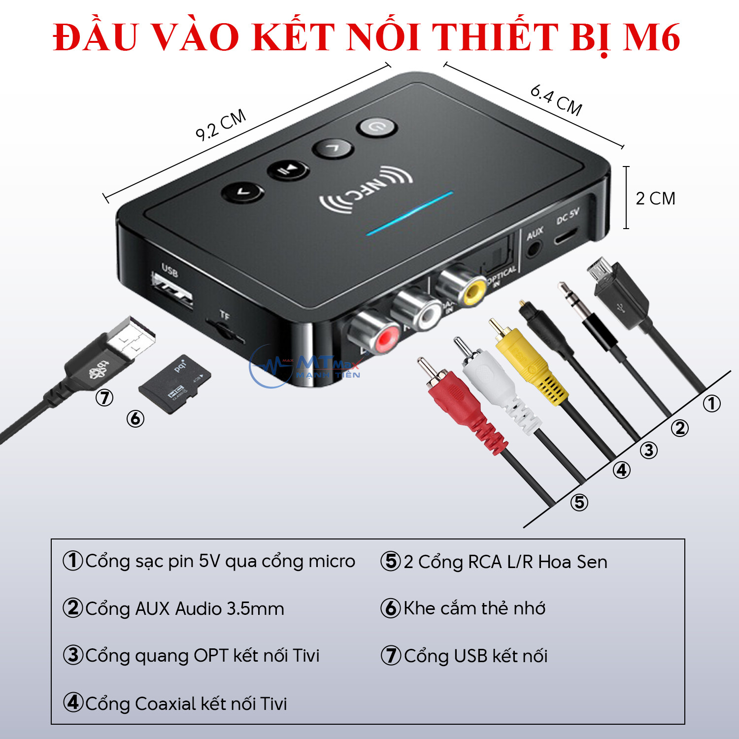 Thiết Bị Thu Phát Tín Hiệu Bluetooth NFC M6 - Hỗ Trợ Bluetooth Cho Các Thiết Bị Loa Máy Tính, Amply, Tivi, Kết Nối Dễ Dàng Qua Cổng AUX, RCA, OPT, COA Sử Dụng Liên Tục Từ 8 - 10 Giờ HÀNG CHÍNH HÃNG