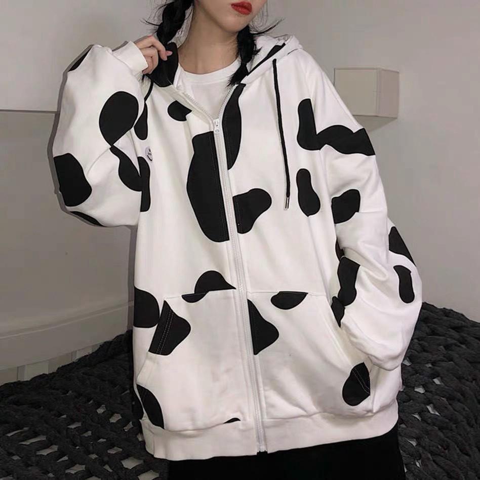 ÁO KHOÁC HOODIE BÒ SỮA SIÊU CUTE CO DÂY KÉO CÓ NÓN FO,M RỘNG TKT