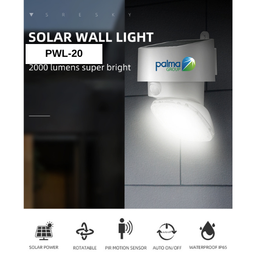 Đèn năng lượng mặt trời gắn tường, cổng nhà PALMA- PWL20-2000lm