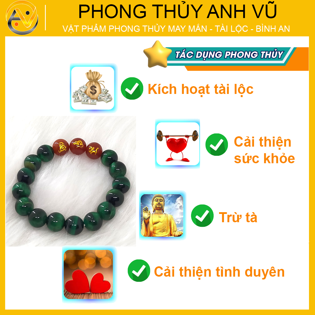 Vòng tay phong thủy cho nam tam hợp thân tý thìn đã khai quang - chất liệu đá mắt hổ xanh lục - size 8 10 12ly - may mắn tài lộc - Vòng Tam Hợp Anh Vũ